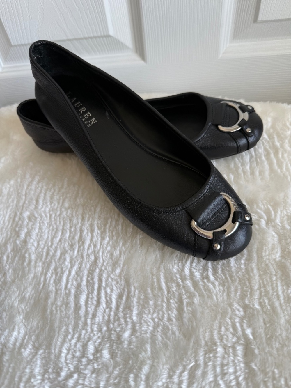 Lauren Ralph Lauren Abigale Black Leather Ballet Flats Silver Buckle Size 8